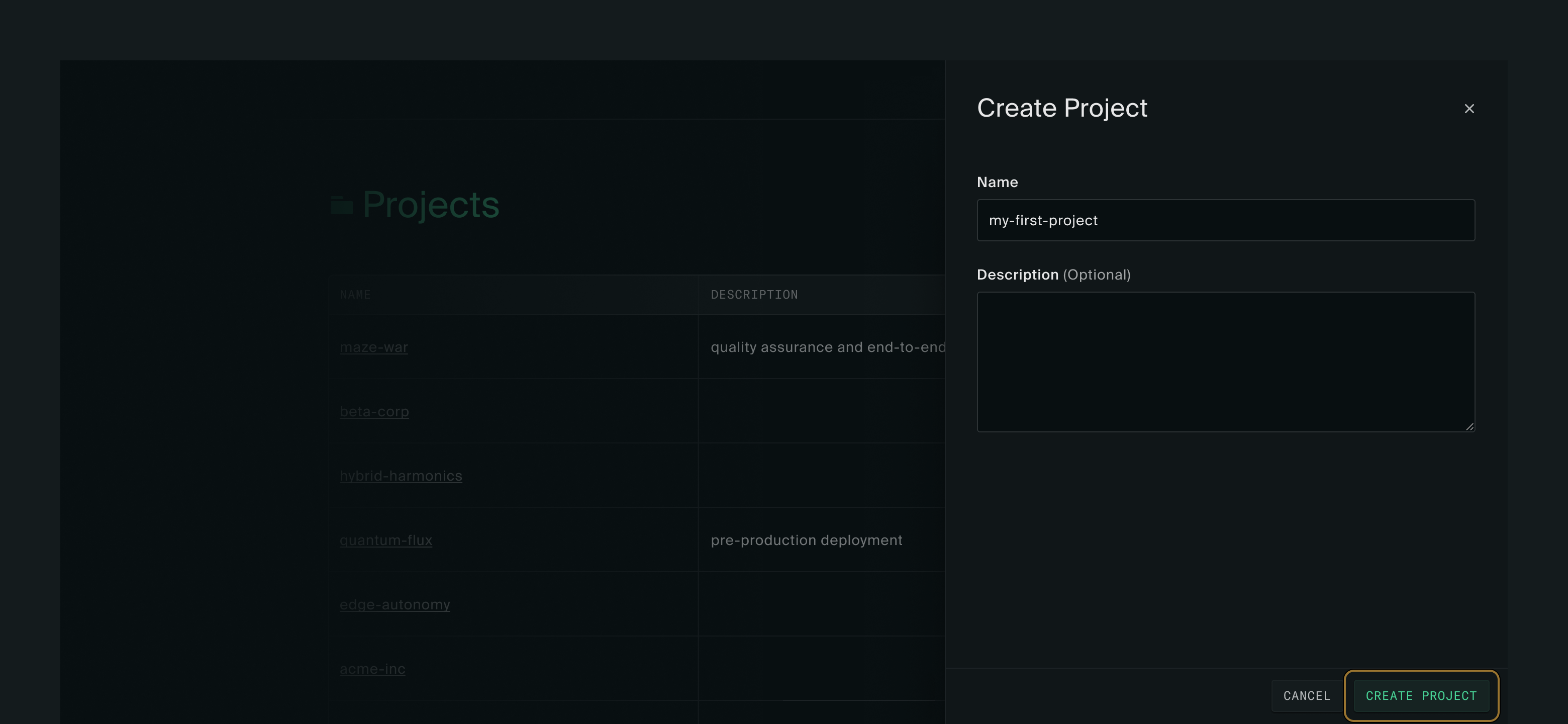 Modal form titled "Create Project"