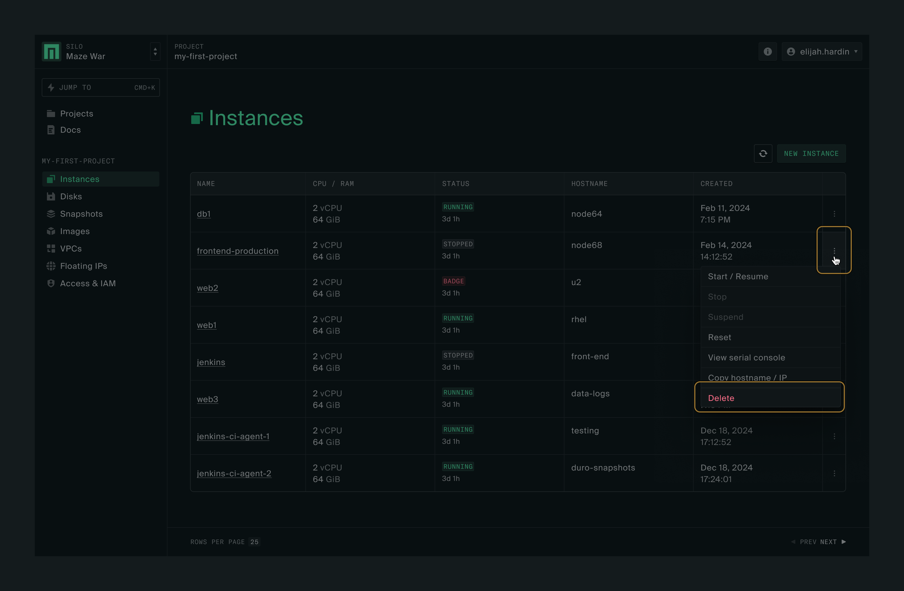 Table of instances with dropdown