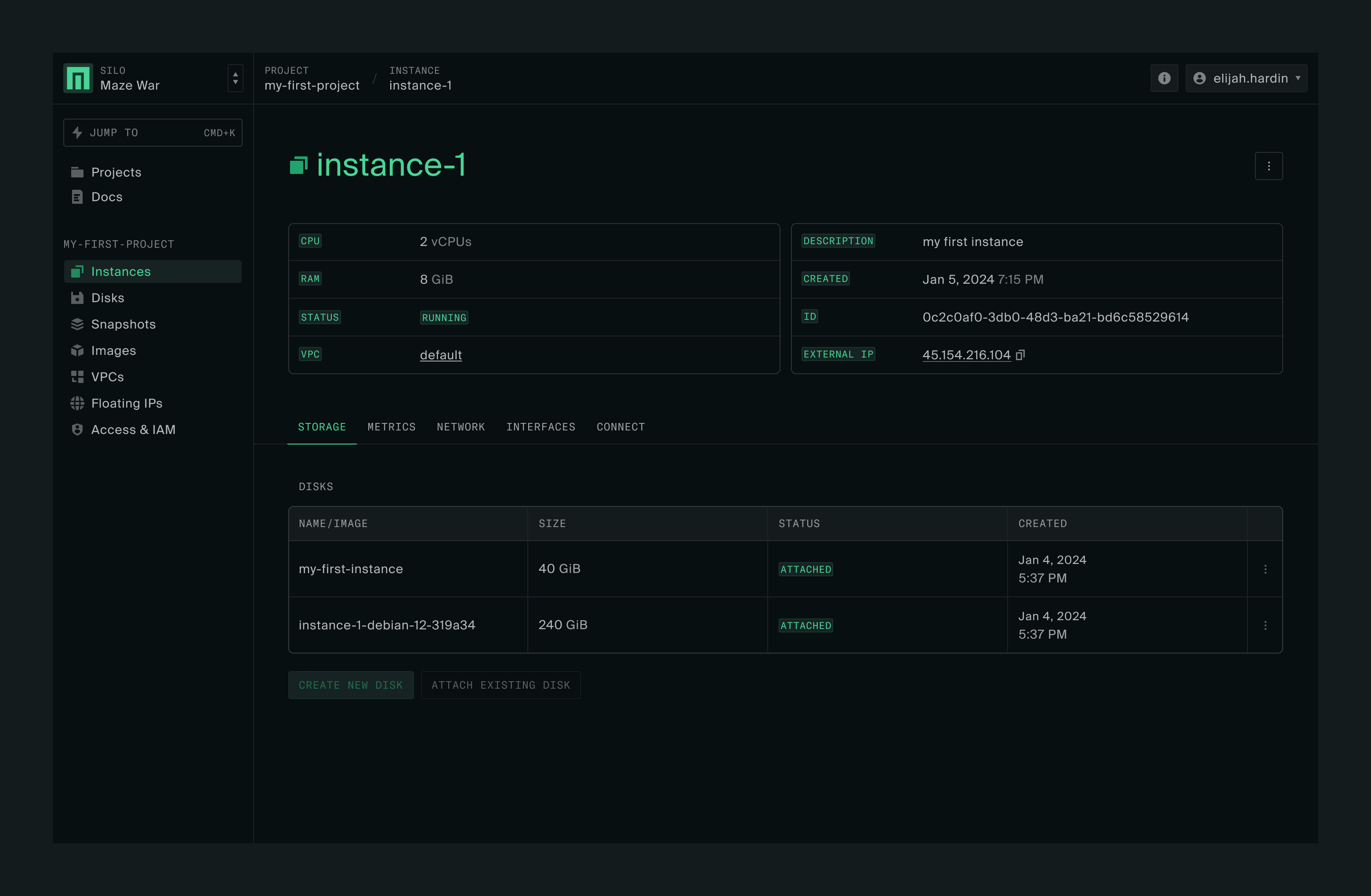 Instance view page showing various instance attributes and tabs