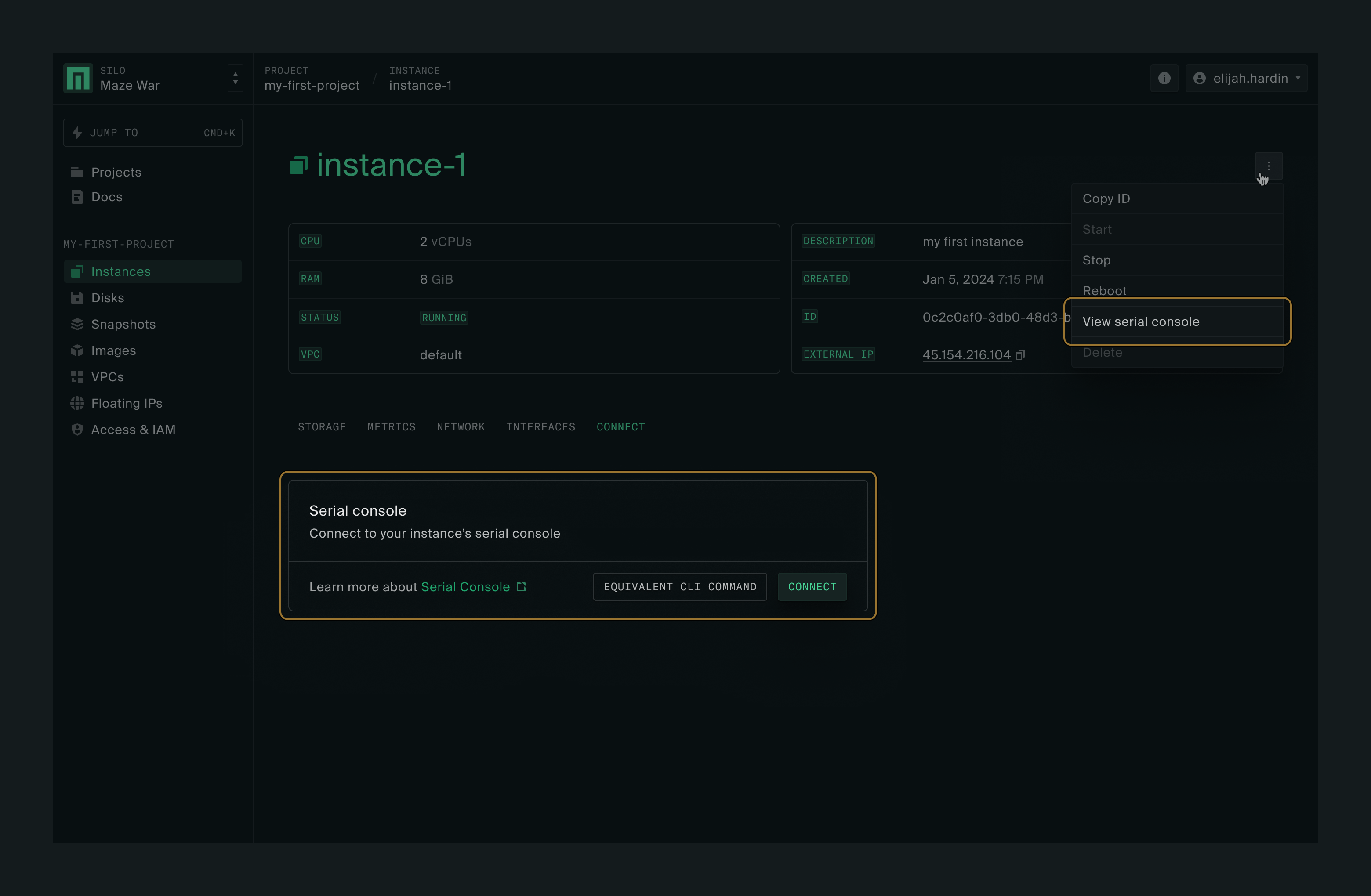 Tab that prompts user to connect to instances serial console