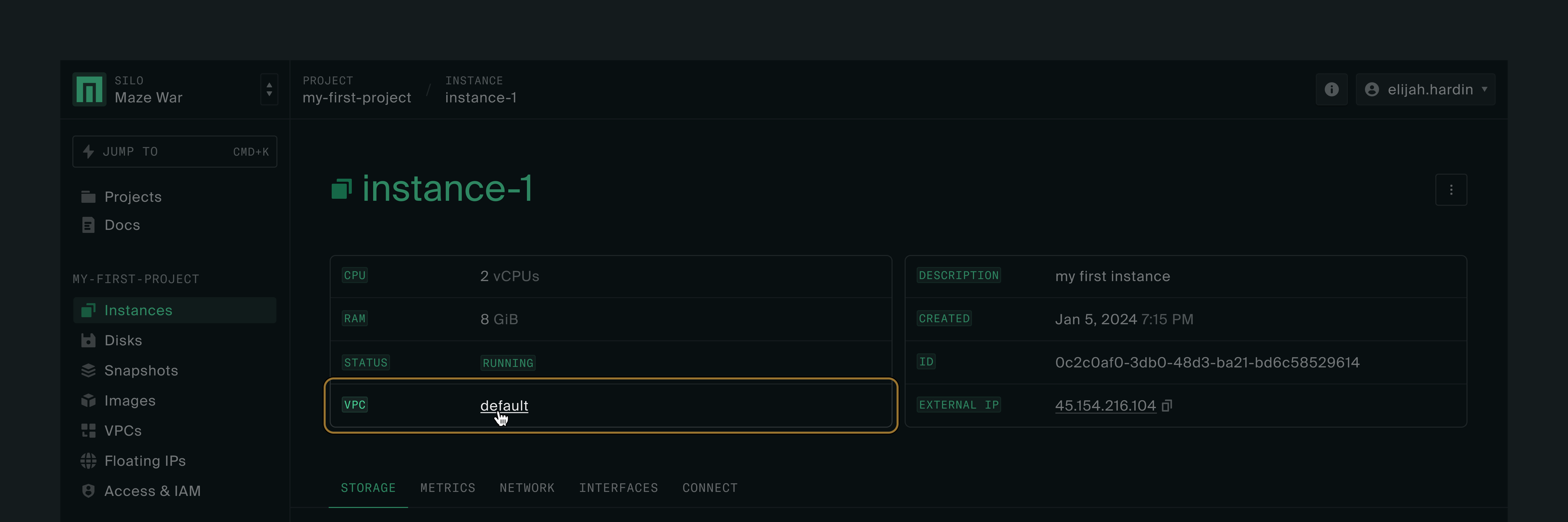 Instance details page with the default VPC highlighted in the metadata table