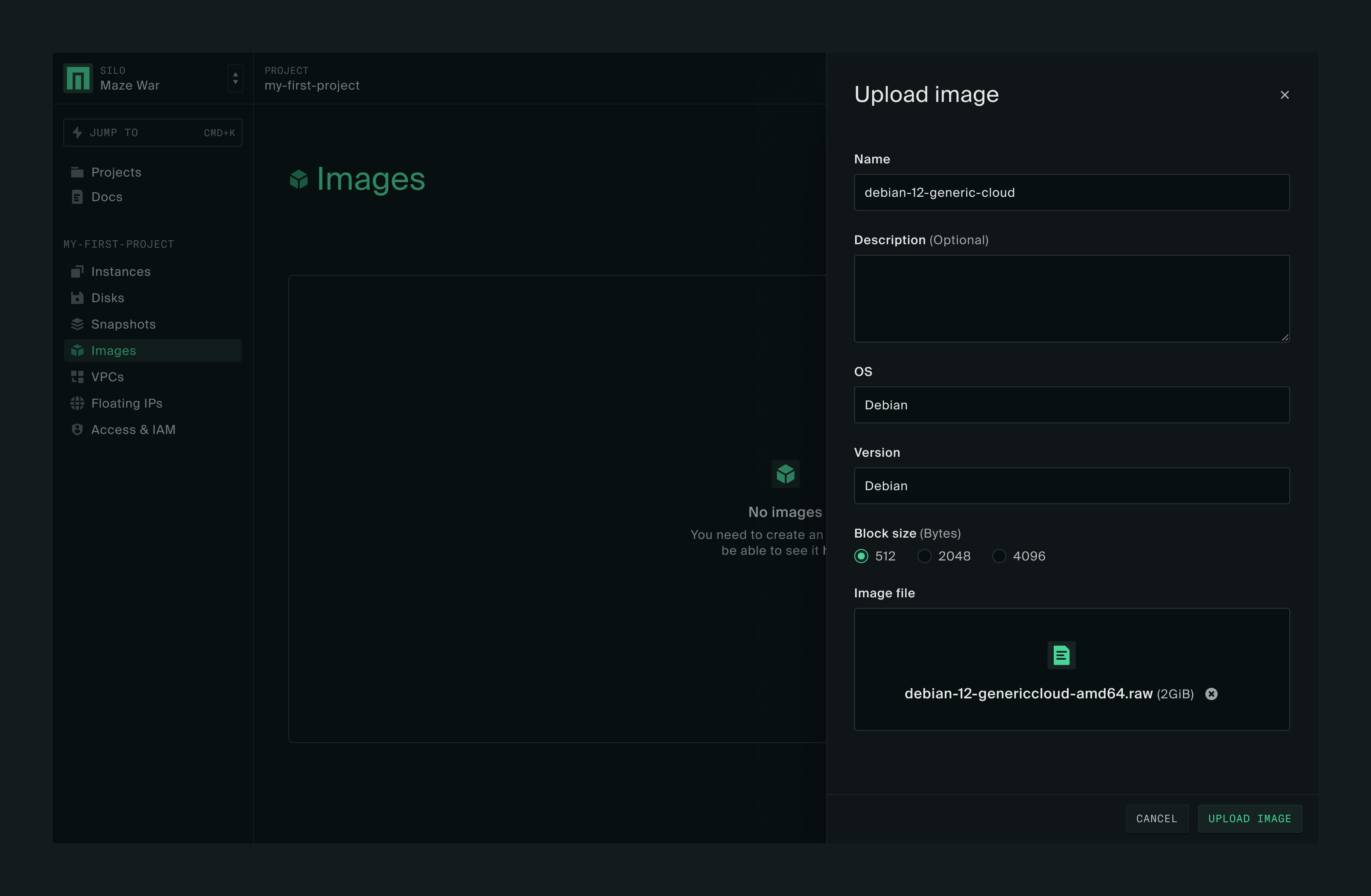 Modal form with inputs to upload and create an image