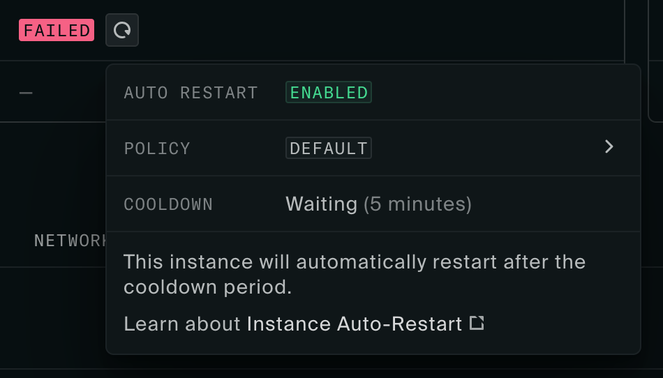 Instance auto-restart popover